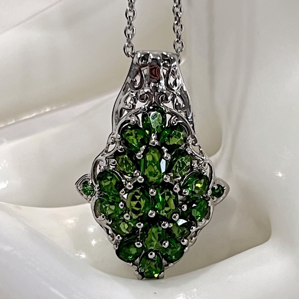 Russian Diopside Diamond Shaped Cluster Pendant Necklace